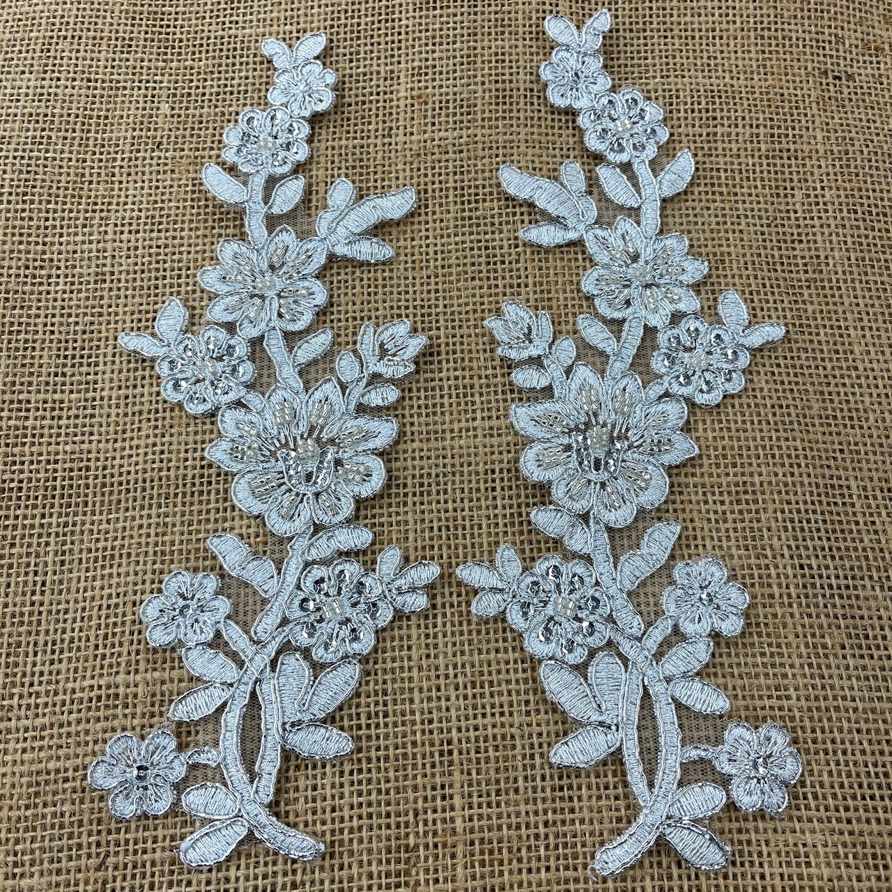 1 Pair Beaded & Corded Floral Lace Applique 10" x 2" Each Side